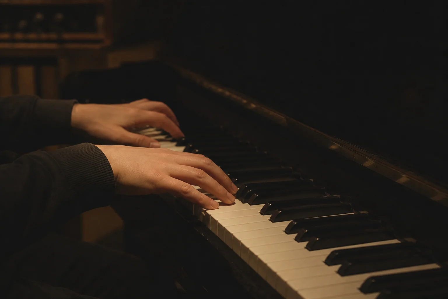Hands playing piano in a low-lit studio
